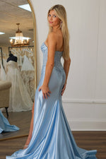 Charming Mermaid Fuchsia Strapless Lace Top Satin Prom Dress with Leg Slit