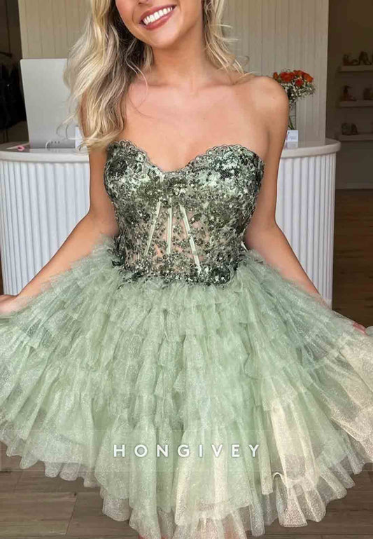Strapless Ruched Sweetheart Sleeveless Pleated Tulle Short Homecoming Dresses
