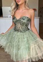 Strapless Ruched Sweetheart Sleeveless Pleated Tulle Short Homecoming Dresses