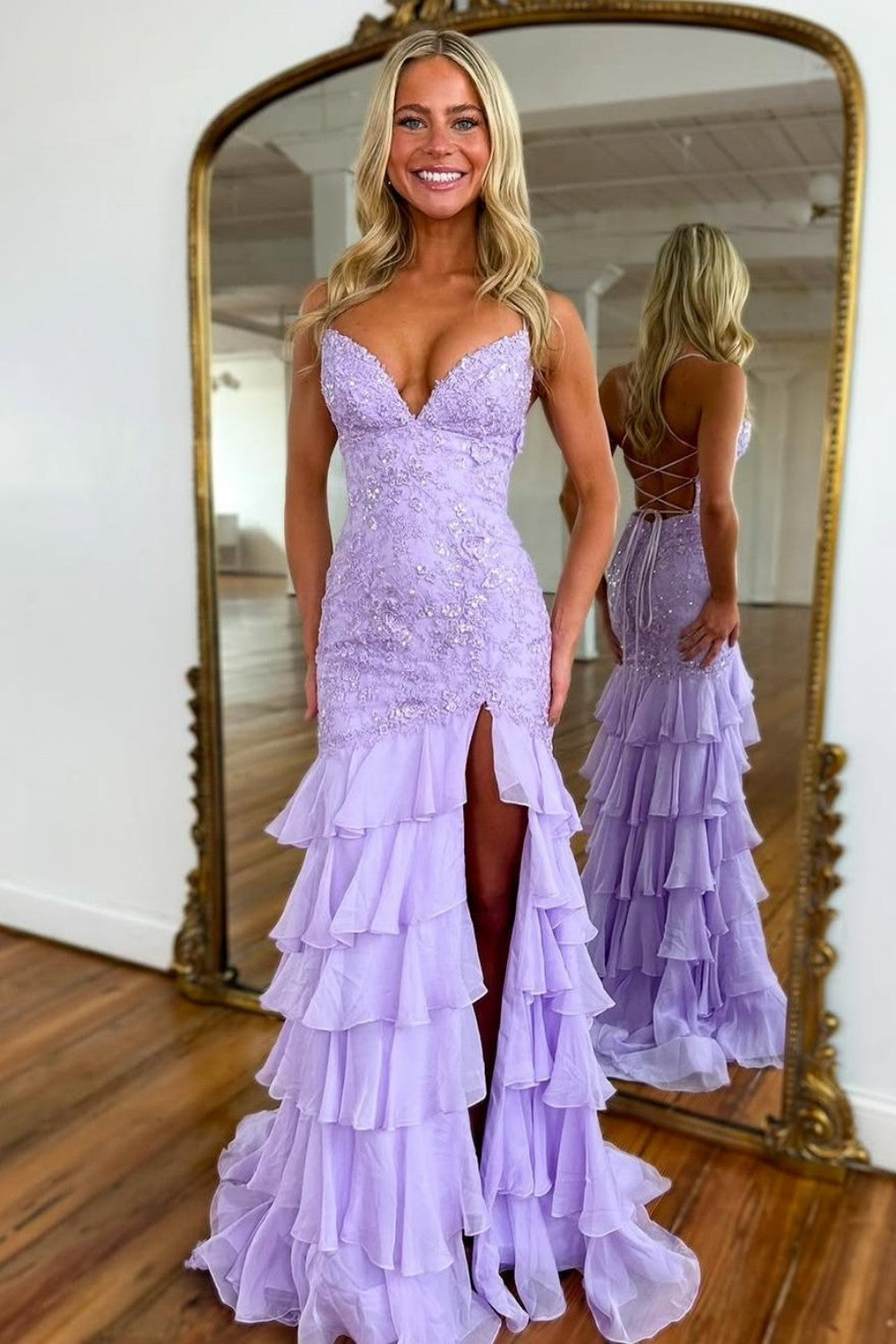 Stunning Lilac Mermaid Spaghetti Straps Lace Prom Dress with Ruffle Skirt