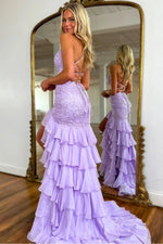 Stunning Lilac Mermaid Spaghetti Straps Lace Prom Dress with Ruffle Skirt