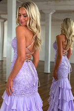 Stunning Lilac Mermaid Spaghetti Straps Lace Prom Dress with Ruffle Skirt