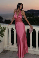 Charming Mermaid Halter Neck Candy Pink Long Prom Dress with Lace