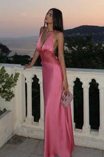 Charming Mermaid Halter Neck Candy Pink Long Prom Dress with Lace