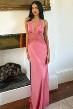 Charming Mermaid Halter Neck Candy Pink Long Prom Dress with Lace