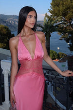 Charming Mermaid Halter Neck Candy Pink Long Prom Dress with Lace