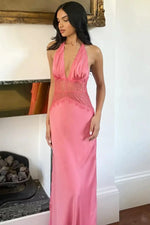 Charming Mermaid Halter Neck Candy Pink Long Prom Dress with Lace