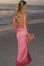 Charming Mermaid Halter Neck Candy Pink Long Prom Dress with Lace