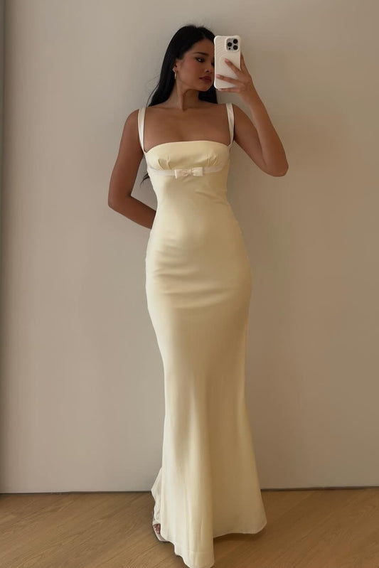 Charming Mermaid Strapless Light Yellow Long Prom Dress with Bowknot