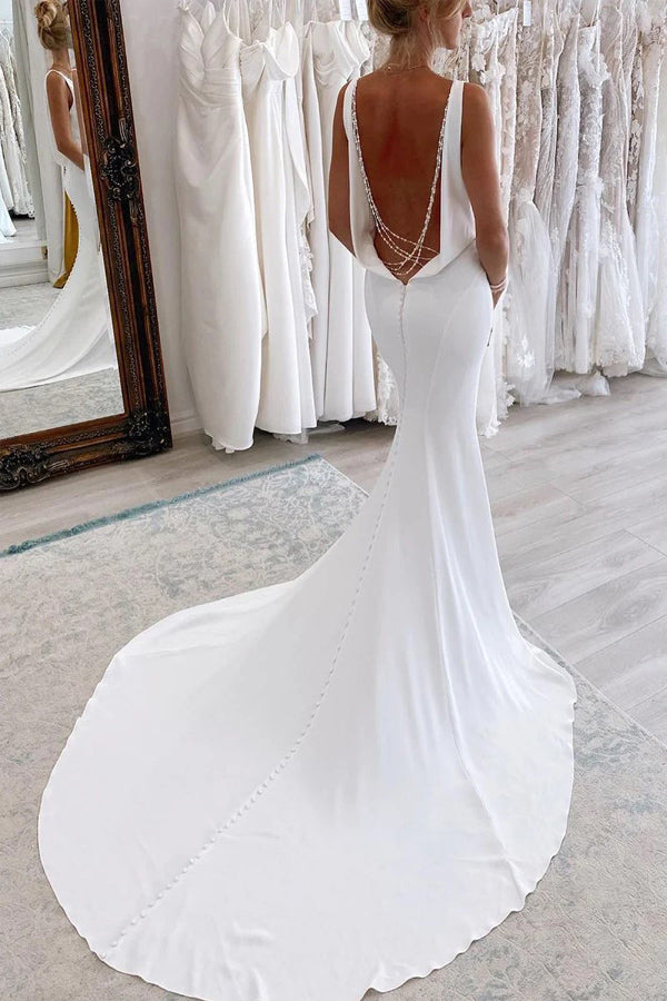 Charming Mermaid V Neck Satin Modest Long Wedding Dress