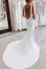 Charming Mermaid V Neck Satin Modest Long Wedding Dress