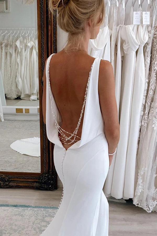 Charming Mermaid V Neck Satin Modest Long Wedding Dress