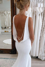 Charming Mermaid V Neck Satin Modest Long Wedding Dress