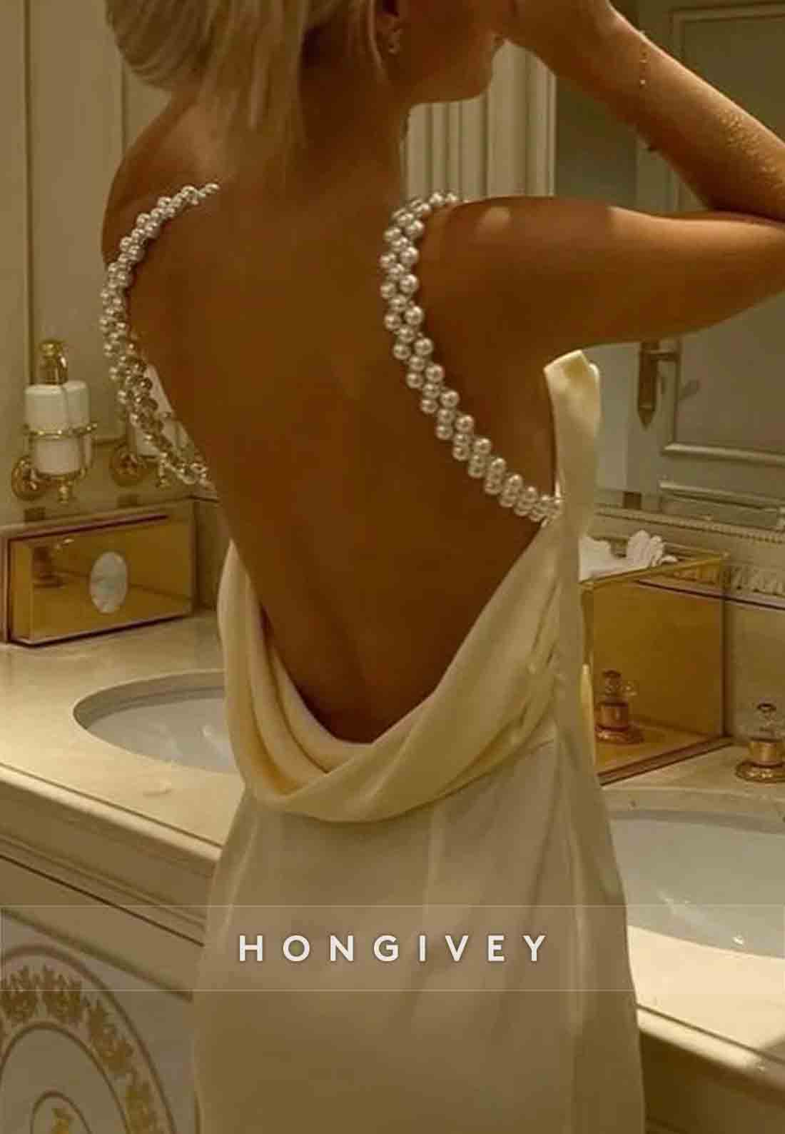 Yellow Charming Sheath Spaghetti Straps Long Party Dress with Pearl