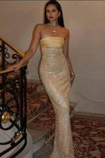 Charming Sheath Strapless Champagne Sequins Long Prom Dress with Ruched