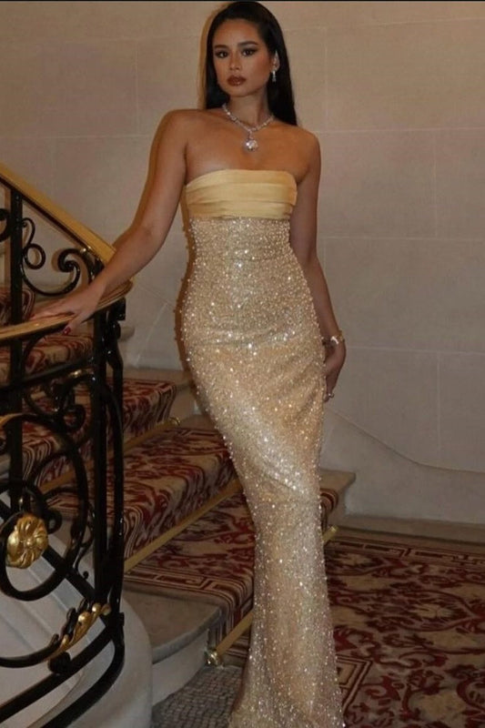 Charming Sheath Strapless Champagne Sequins Long Prom Dress with Ruched