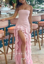 Charming High Slit Sheath Strapless Pink Long Prom Dress with Ruffles