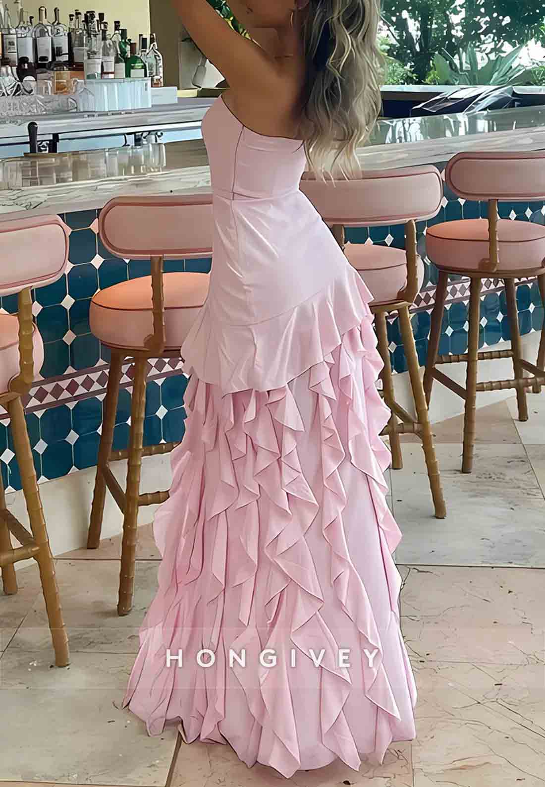 Charming High Slit Sheath Strapless Pink Long Prom Dress with Ruffles