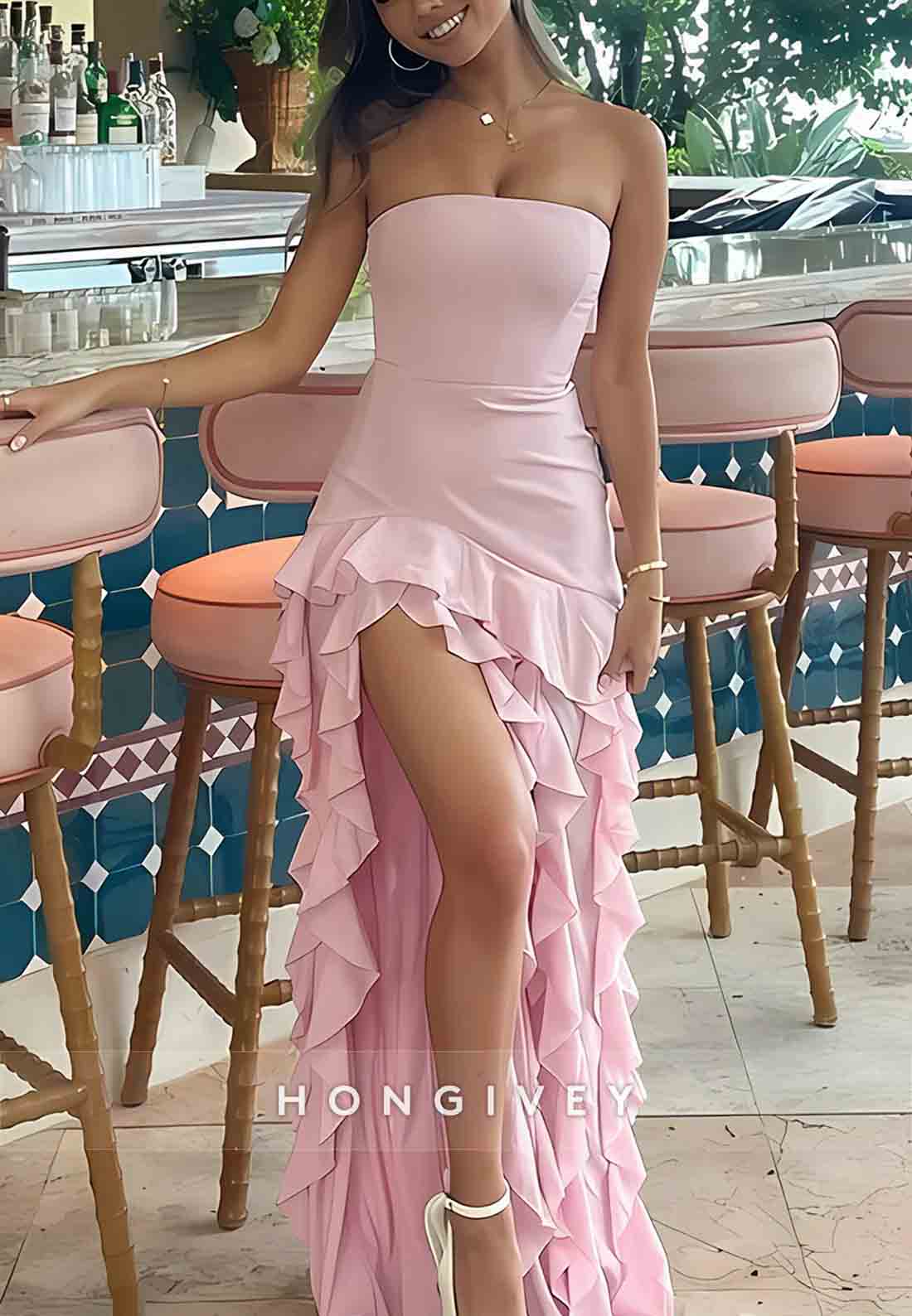 Charming High Slit Sheath Strapless Pink Long Prom Dress with Ruffles