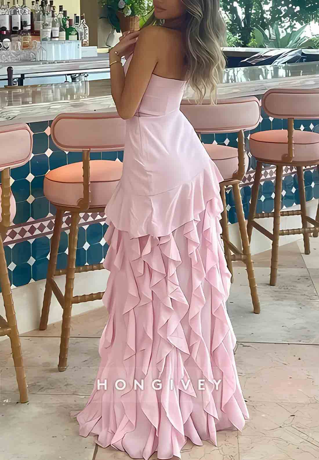 Charming High Slit Sheath Strapless Pink Long Prom Dress with Ruffles