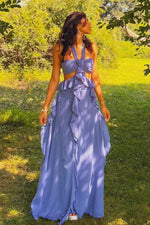 Charming A Line Halter Neck Pink Long Prom Dress with Ruffles