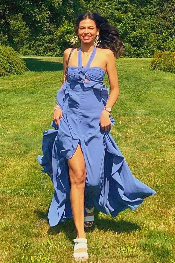 Charming A Line Halter Neck Pink Long Prom Dress with Ruffles