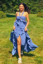 Charming A Line Halter Neck Pink Long Prom Dress with Ruffles