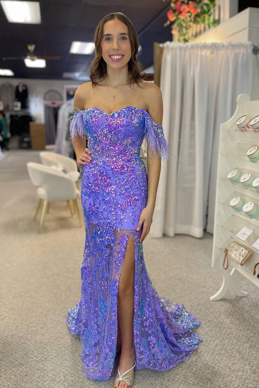 Charming Mermaid Off the Shoulder Light Purple Sequin Prom Dress