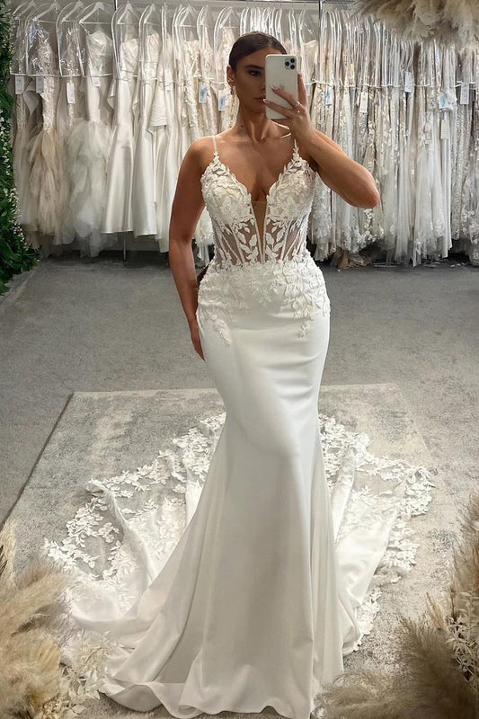 Charming Mermaid V Neck Elastic Satin Wedding Dresses with Appliques