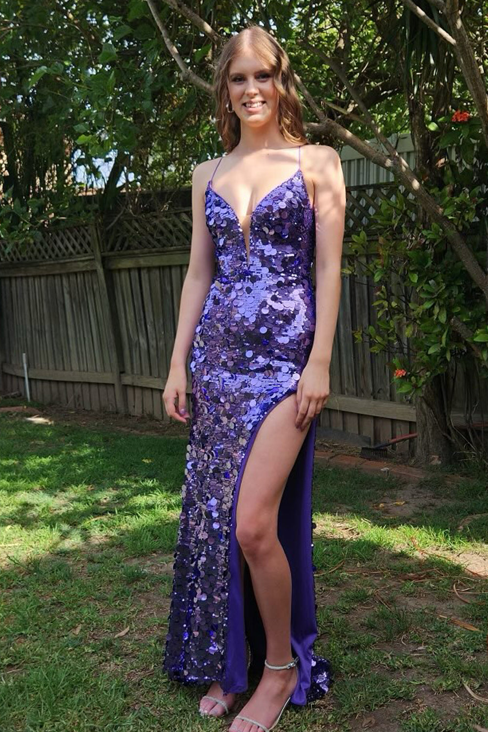 Charming Mermaid V Neck Purple Sequin Slit Prom Dress