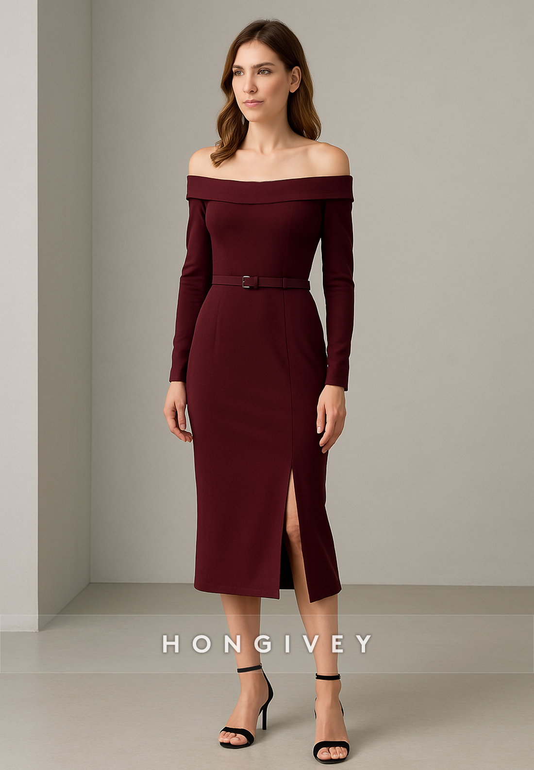 Off the Shoulder Long Sleeves Tea-Length Side Slit Evening Gowns with Waistband