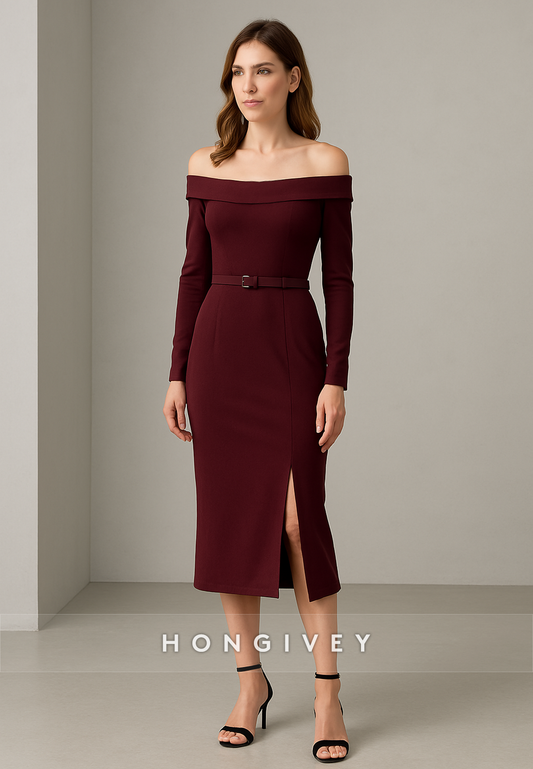 Off the Shoulder Long Sleeves Tea-Length Side Slit Evening Gowns with Waistband