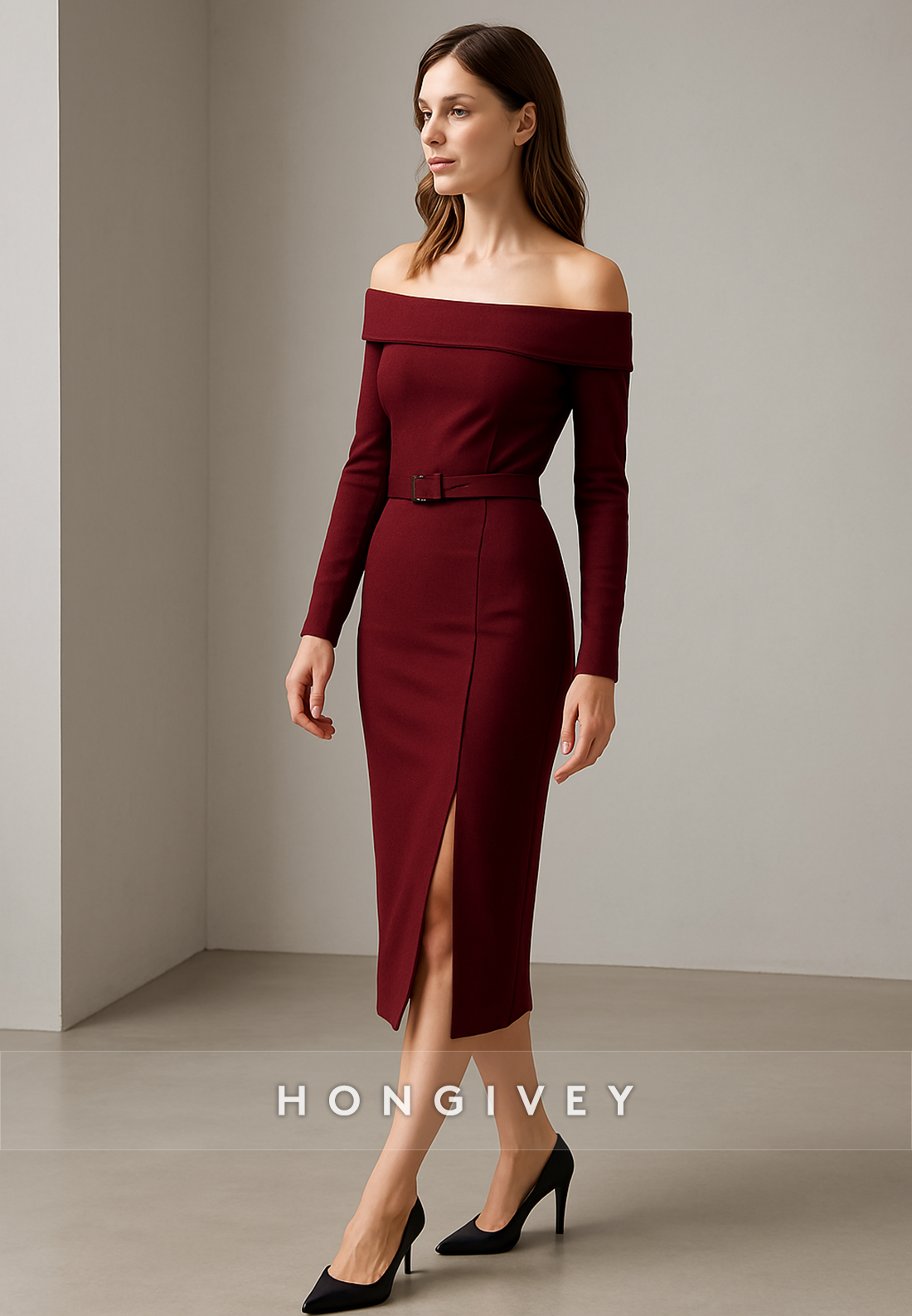 Off the Shoulder Long Sleeves Tea-Length Side Slit Evening Gowns with Waistband