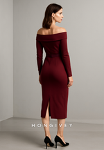 Off the Shoulder Long Sleeves Tea-Length Side Slit Evening Gowns with Waistband