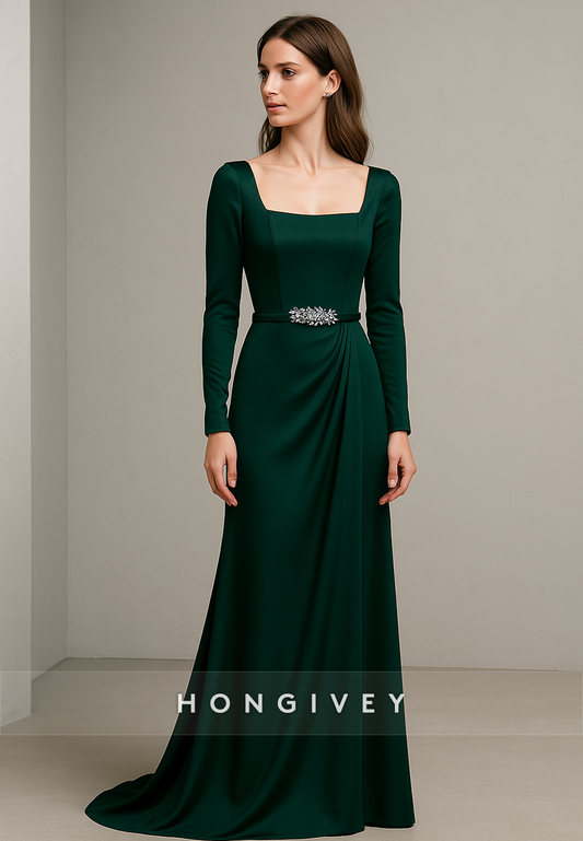 Long Sleeves Square Neck A-Line Floor-Length Pleated Evening Gowns