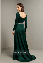 Long Sleeves Square Neck A-Line Floor-Length Pleated Evening Gowns