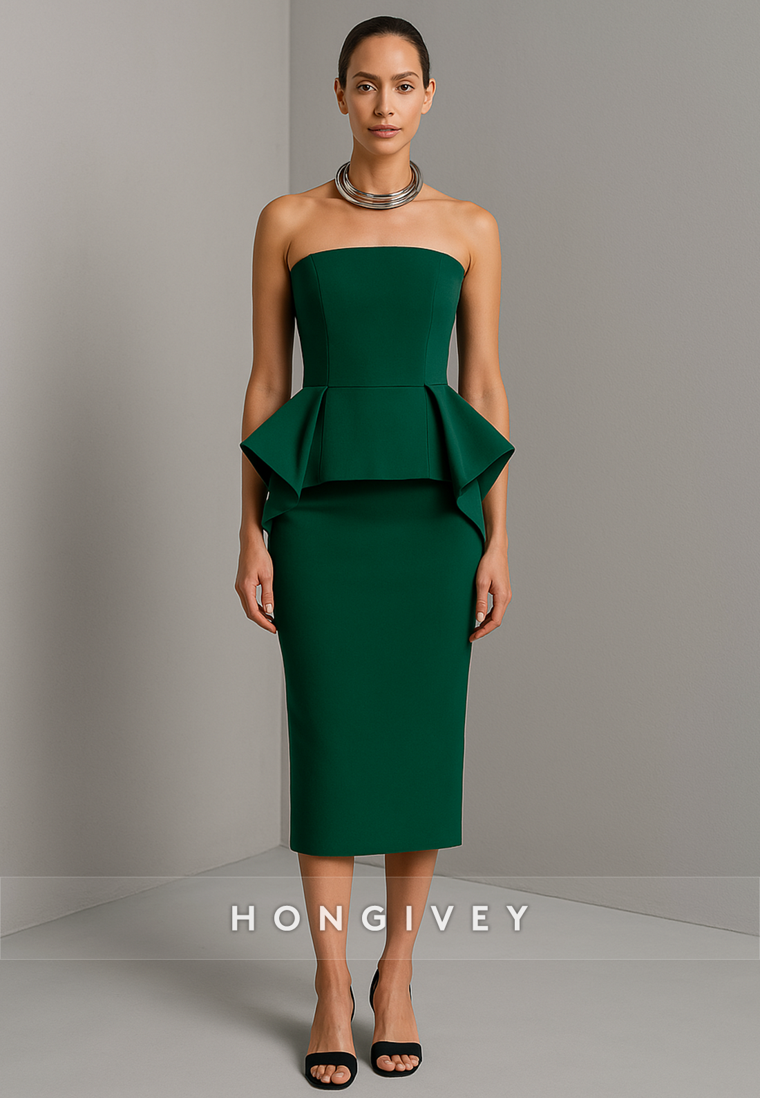 Dark Green Strapless Ruched Knee-Length Low Back Sheath Evening Gowns