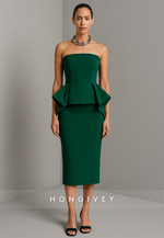 Dark Green Strapless Ruched Knee-Length Low Back Sheath Evening Gowns