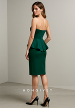 Dark Green Strapless Ruched Knee-Length Low Back Sheath Evening Gowns