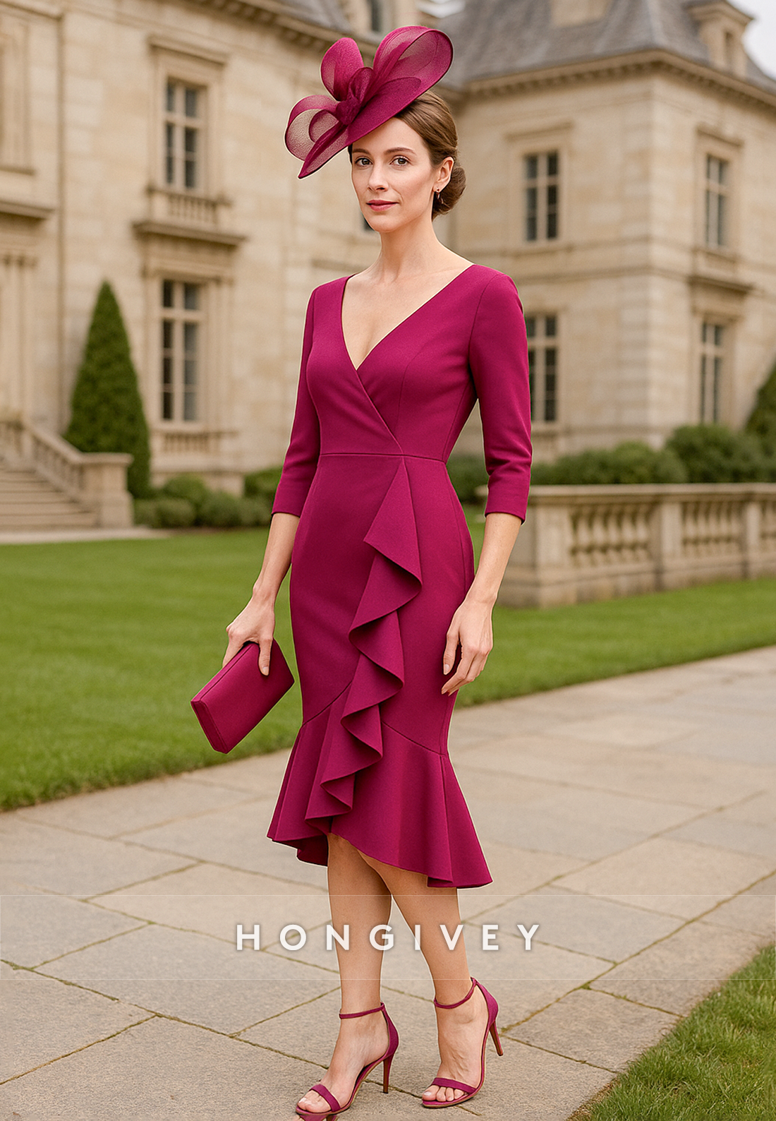 Asymmetrical 3/4 Sleeve V-Neck Cocktail Dresses Mermaid Pleated Mother of the Bride Dress