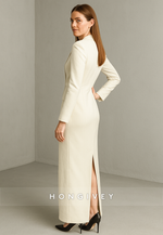 Long Sleeves V-Neck Ankle-Length Column Evening Gowns with High Slit