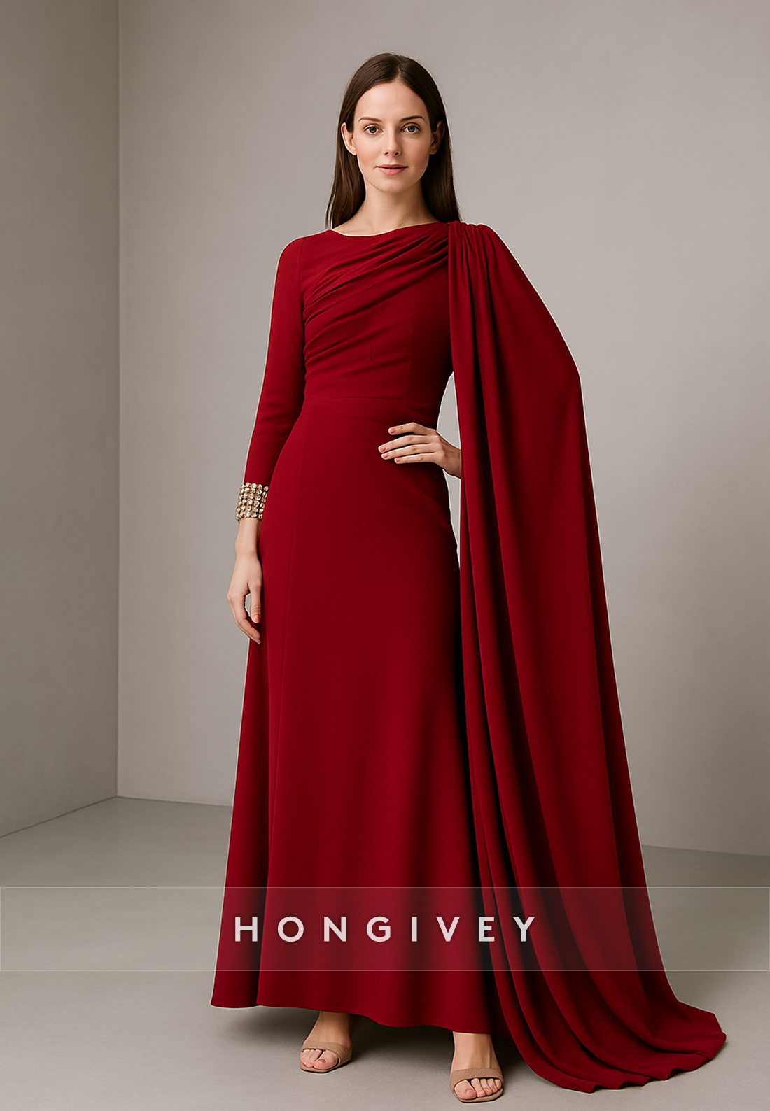 Side Draping Long Sleeves Formal Gowns A-Line Pleated Ankle-Length Evening Gowns