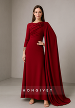 Side Draping Long Sleeves Formal Gowns A-Line Pleated Ankle-Length Evening Gowns