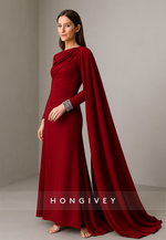 Side Draping Long Sleeves Formal Gowns A-Line Pleated Ankle-Length Evening Gowns
