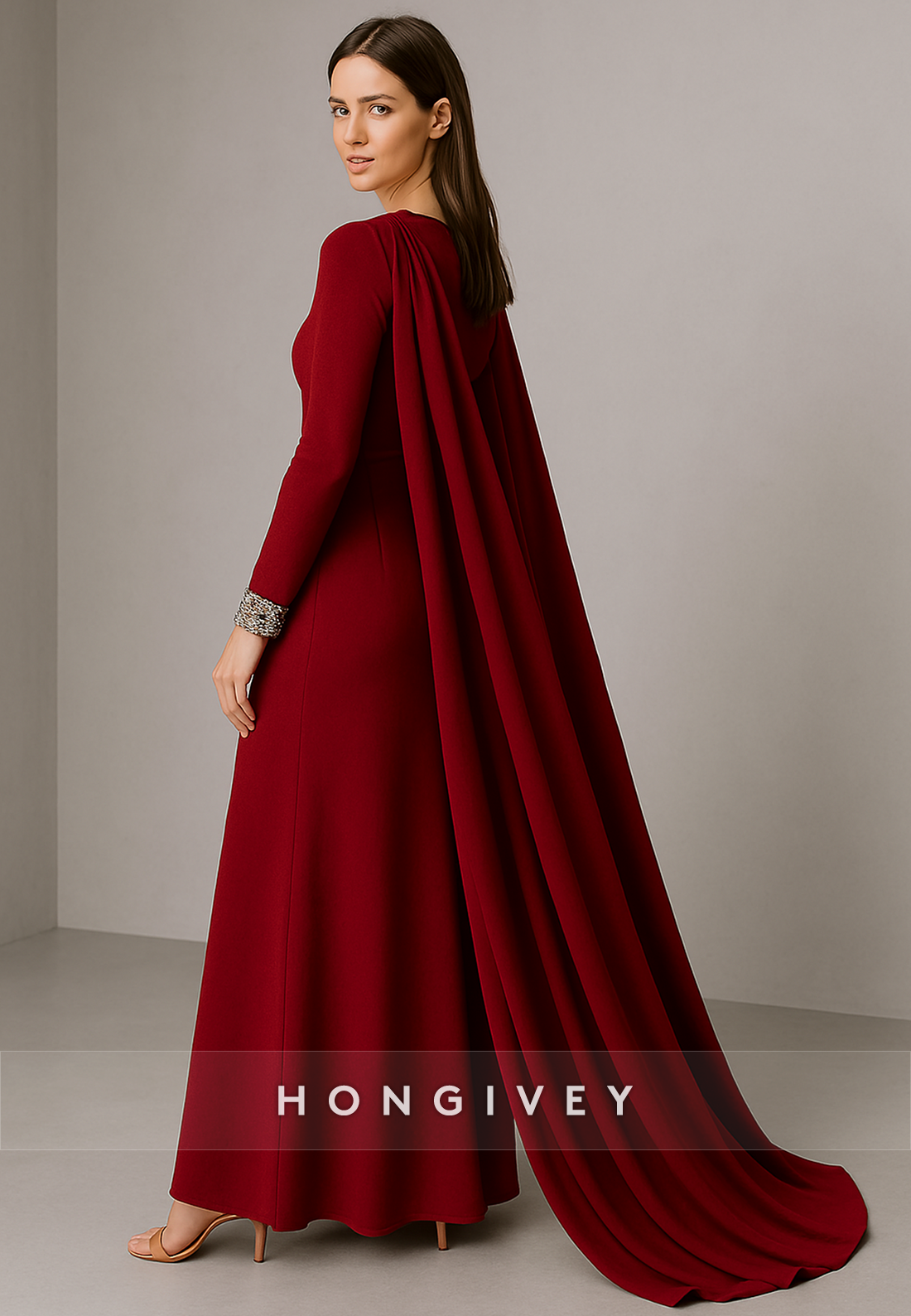 Side Draping Long Sleeves Formal Gowns A-Line Pleated Ankle-Length Evening Gowns