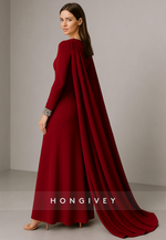 Side Draping Long Sleeves Formal Gowns A-Line Pleated Ankle-Length Evening Gowns