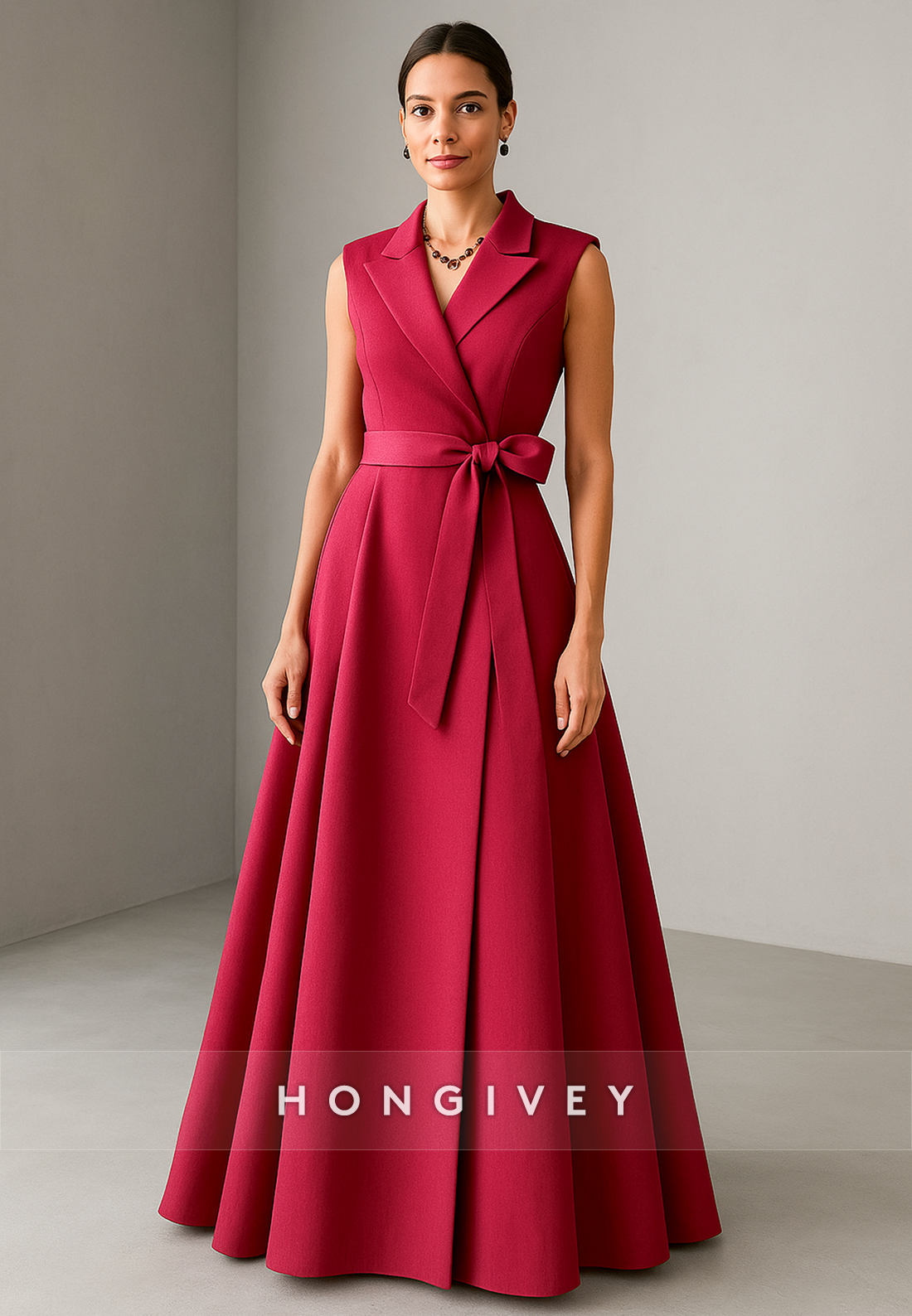 Red Sleeveless Floor-Length A-Line V-Neck Pleated Evening Gowns with Bowknot
