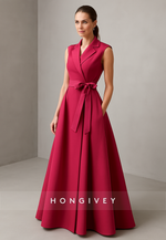 Red Sleeveless Floor-Length A-Line V-Neck Pleated Evening Gowns with Bowknot