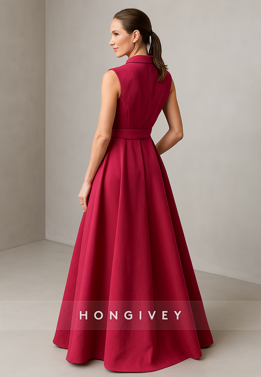 Red Sleeveless Floor-Length A-Line V-Neck Pleated Evening Gowns with Bowknot