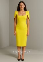 Simple Yellow Tea-Length Square Neck Pleated Short Sleeves Evening Gowns